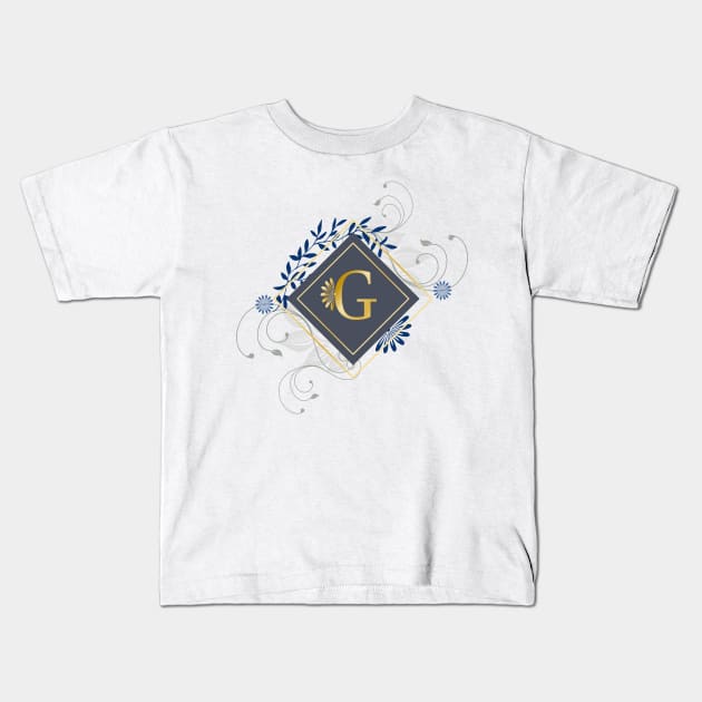 G, blue and gold initial monogram. Kids T-Shirt by ArtsByNaty